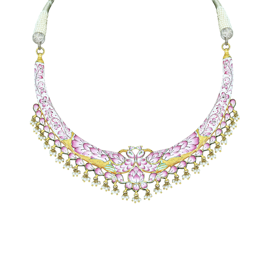 Hasli Necklace with Pink Enamel and Polki Pearls